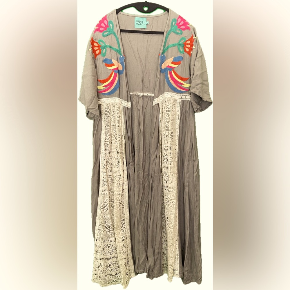 Judith March Gray Maxi Dress with Colorful Embroidery